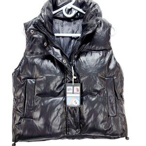Black Faux Leather Puffer Vest With Pockets Womens Size S